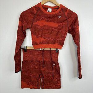 Gymshark Adapt Camo Seamless Lace Up Back Long Sleeve Top  Shorts Orange SET S